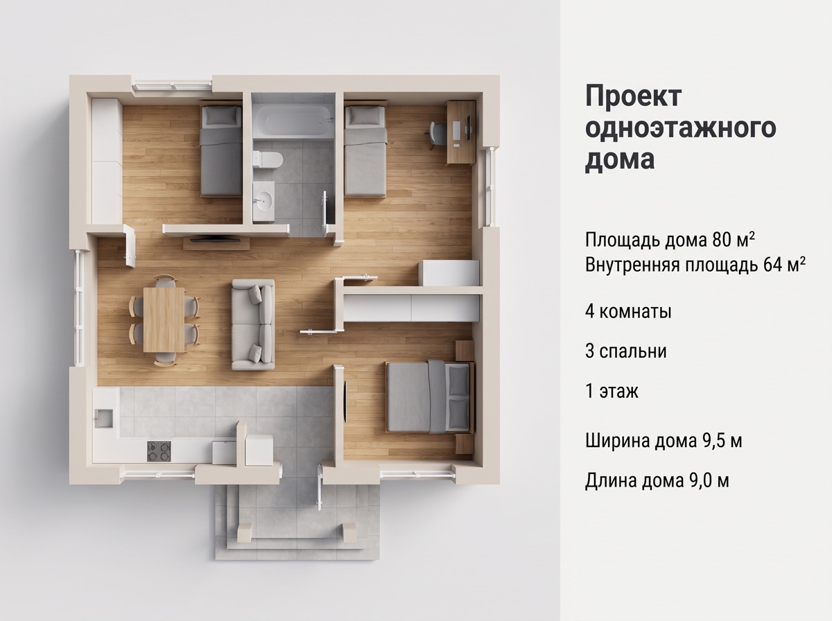 Планировка проекта «Первый»: 80 м², 3 спальни, 1 этаж