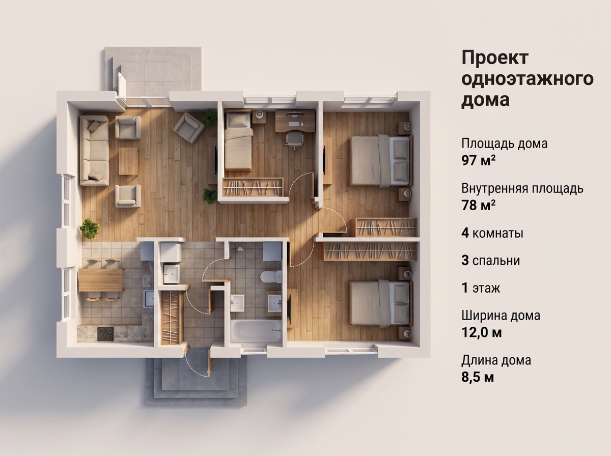 Пример планировки индивидуального проекта: 97 м², 3 спальни
